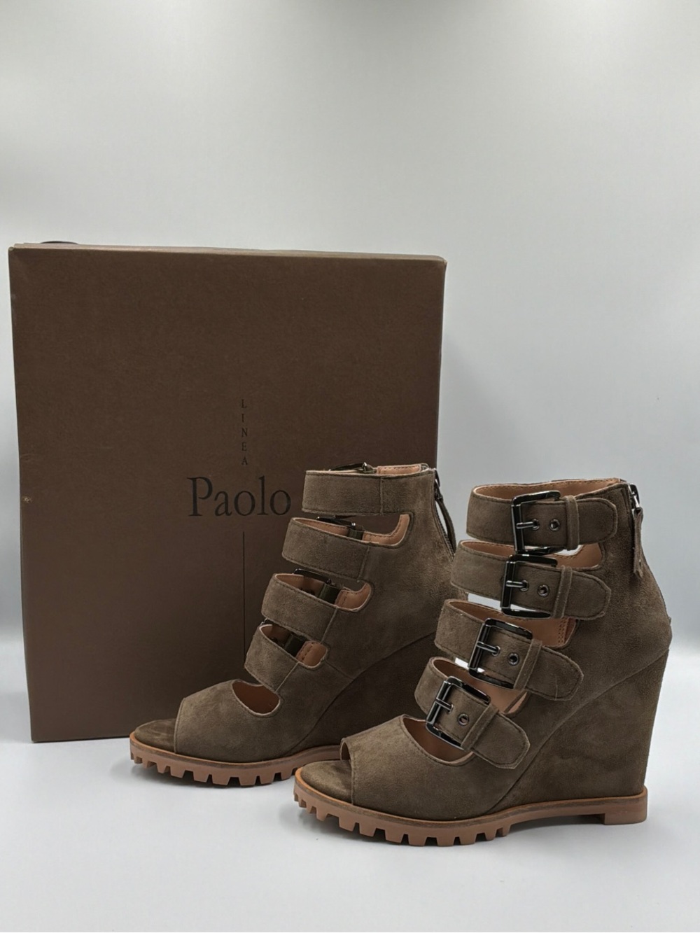 Linea Paolo Taupe Suede Multi-Strap Buckle Wedge Sandals